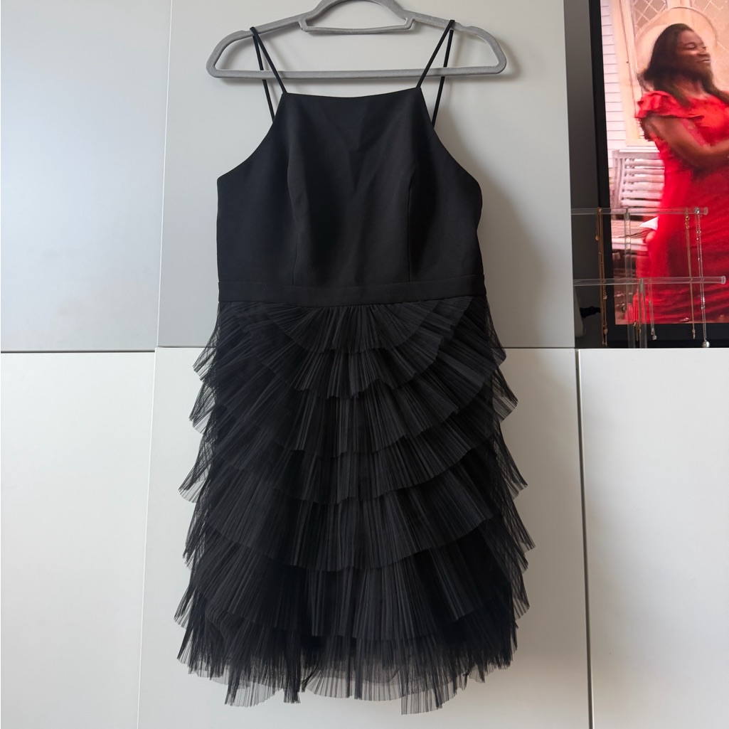 Bcbgmaxazria Black Tiered Tulle Midi Dress With Spaghetti Straps